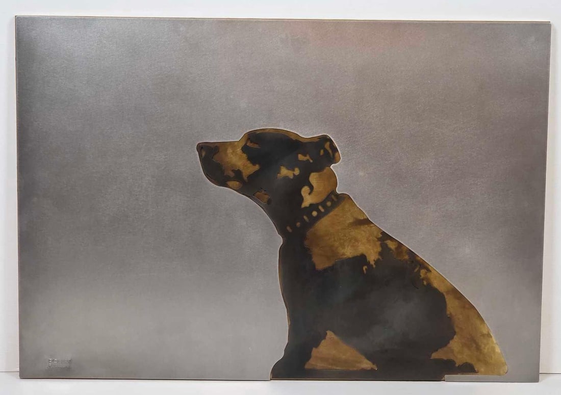 ROBERT FERRARONI ORIGINAL PITBULL MIXED METAL INDUSTRIAL WALL ART: Handcrafted multi-layered silhouette of a pitbull composed of brass, stainless steel, and aluminum elements by artist Robert Ferraroni Approximate Dimensions:20.75" x 30" Artist or Maker: