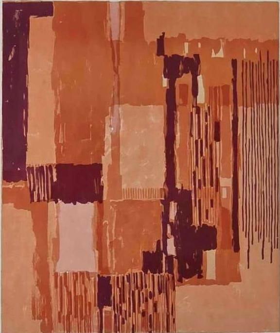 HUGO DE SOTO LITHOGRAPH 1964 55/100: Vibrant mid-century modern abstract color lithograph on paper featuring a geometric composition in shades of orange, crimson, and plum by Cuban-born artist Hugo de Soto Approximate Dimensions: 18"