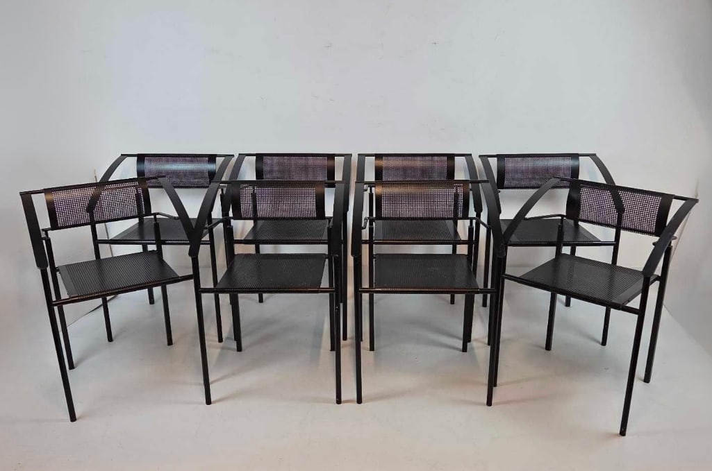 SET OF EIGHT FLY LINE ITALY CARRE (VI) PERFORATED IRON STACKABLE ARM CHAIRS (1 of 17)