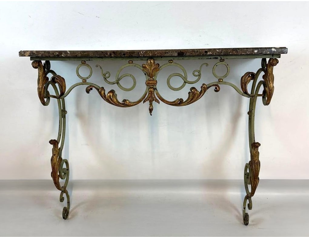 FRENCH ROCOCO STYLE IRON AND MARBLE CONSOLE TABLE (1 of 6)