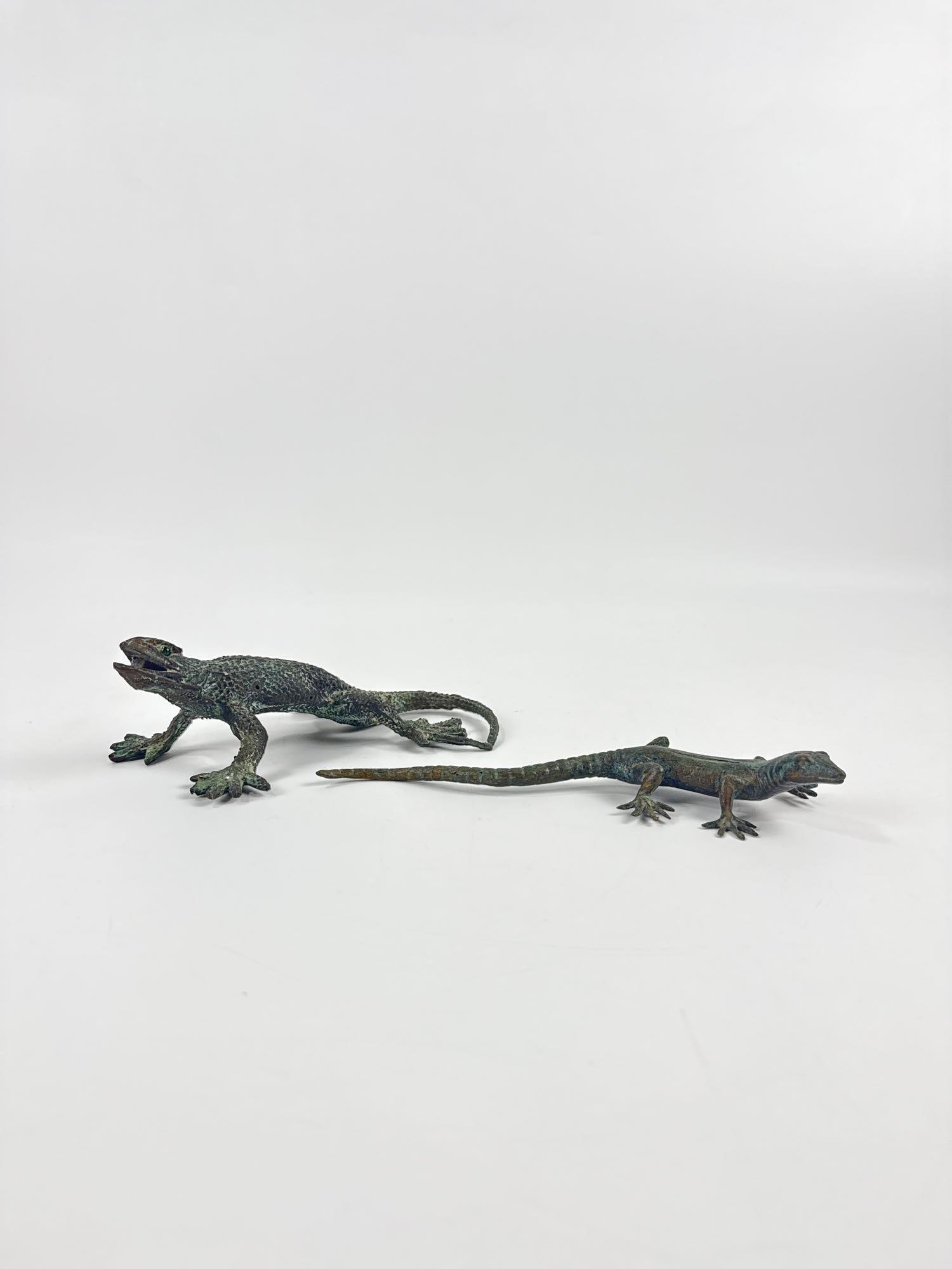 TWO CAST BRONZE NEWT OR LIZARD FIGURINES: Two vintage patinated verdigirs patina bronze reptile studies. Approximate Dimensions: 1”h x 2.75”w x 7.5”l Artist or Maker: Unknown Provenance: From a New York Collector Notes:
