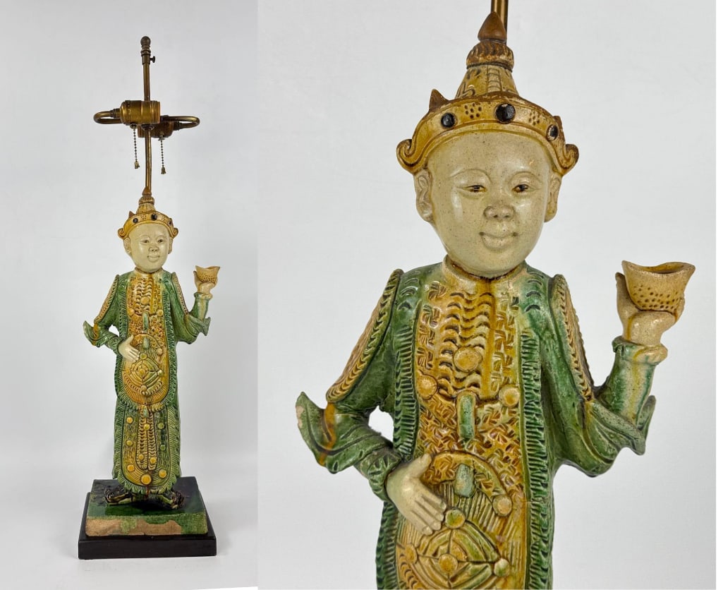 CHINESE SANCAI GLAZED POTTERY EMPEROR FIGURINE LAMP (1 of 15)