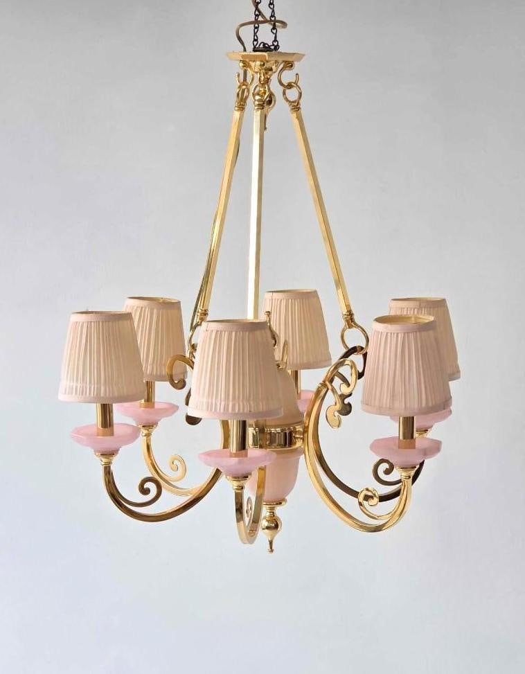 BRASS AND PINK ALABASTER SIX LITE CHANDELIER (1 of 17)