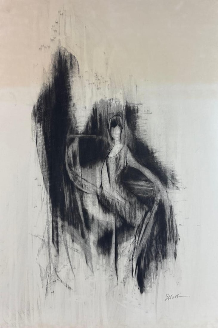 EUGENE MASSIN MID-CENTURY MODERNIST CHARCOAL DRAWING SIGNED: Original expressive charcoal study on paper of an abstract seated female figure signed Massin Approximate Dimensions: 31" x 22.5" Artist or Maker: Unknown Provenance: From a New York Collec
