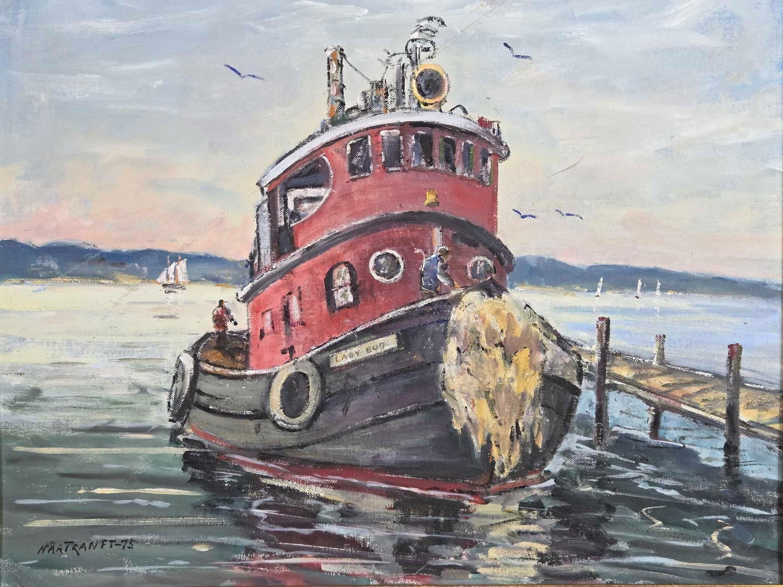 JOSEPH HARTRANFT SIGNED ORIGINAL OIL ON ARTIST BOARD MARITIME TUG BOAT "LADY BUG": Original 1975 nautical oil painting by Joseph Hartranft depicting the red tug boat "Lady Bug" at a wooden pier. Approximate Dimensions: 16" x 19.5" ; Frame 22" X 26.5" Artist