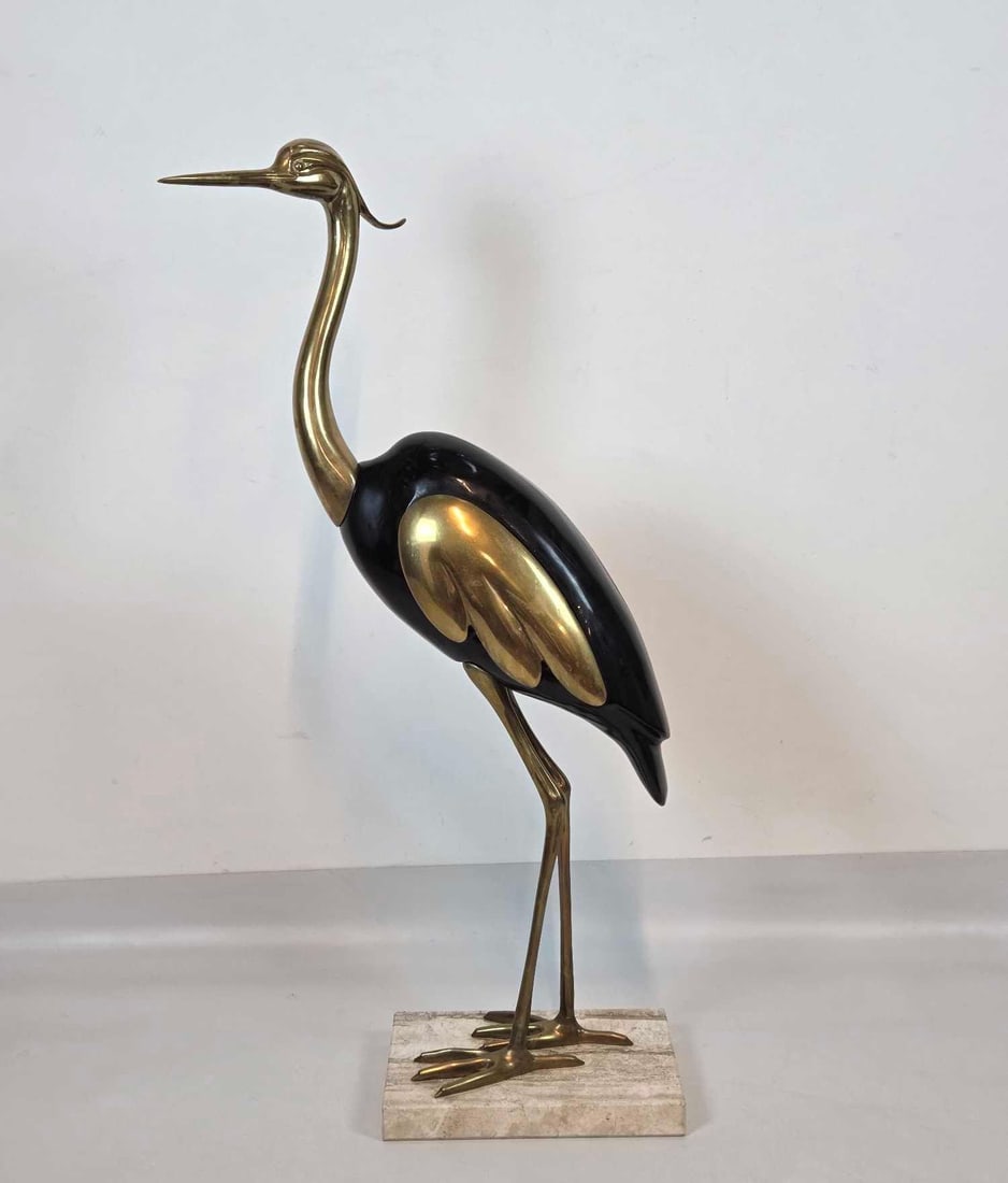 LARGE ITALIAN BRASS CRANE ON MARBLE BASE WITH SECRET STORAGE UNDER WING ANTONIO PAVIA ATTR. (1 of 14)