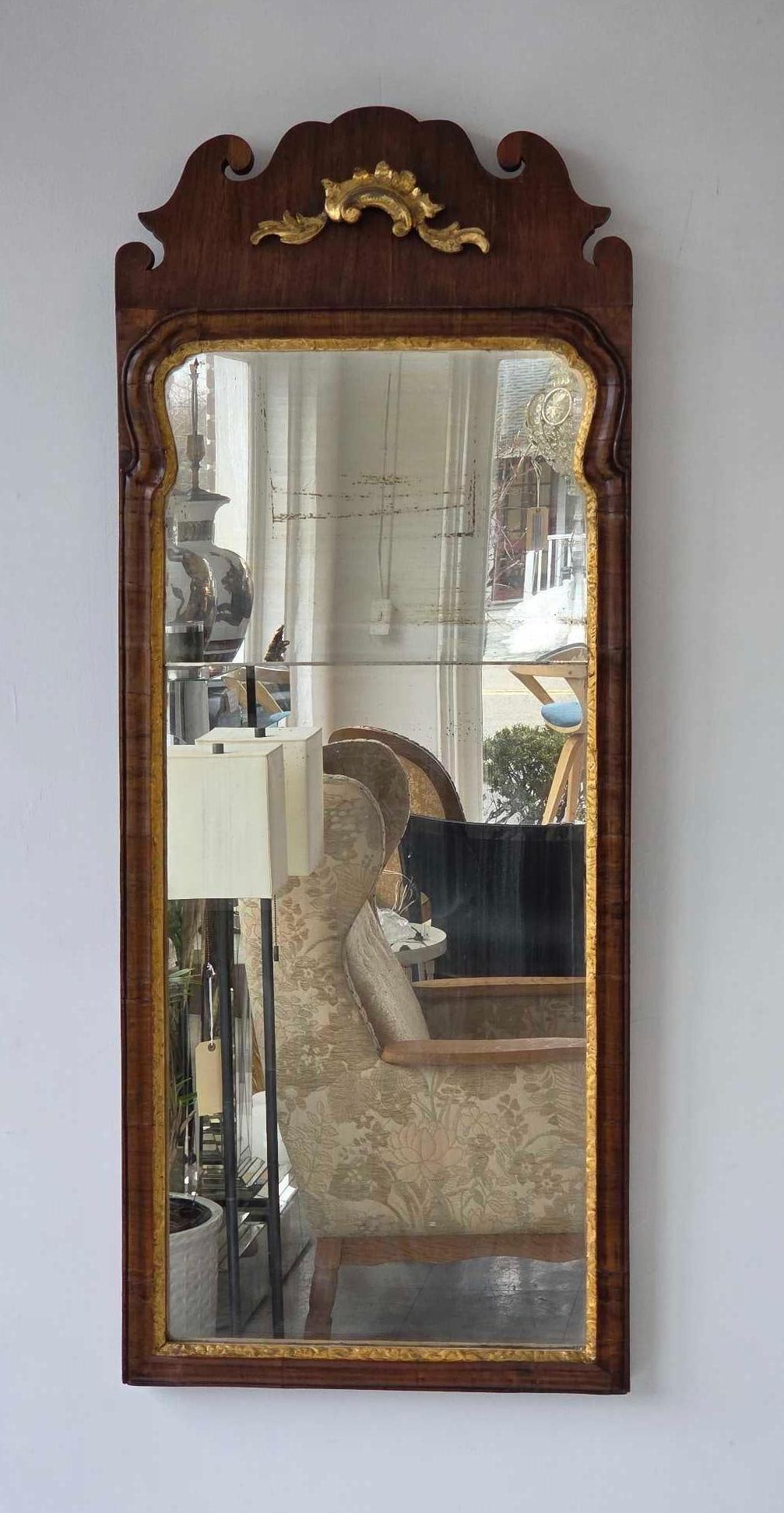 ANTIQUE QUEEN ANNE BURLED WOOD PARCEL GILT MIRROR (1 of 18)
