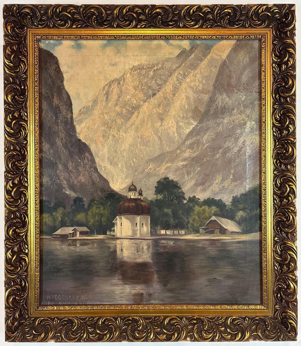 WLADYSLAW PODGODSKY MID-CENTURY OIL ON CANVAS AFTER KURT VOGLER: Mid-century German alpine landscape depicting St. Bartholomä at Königssee in original ornate gilt frame. Note the tear in middle canvas Approximate Dimensions: 24” x 20”; Frame 30”