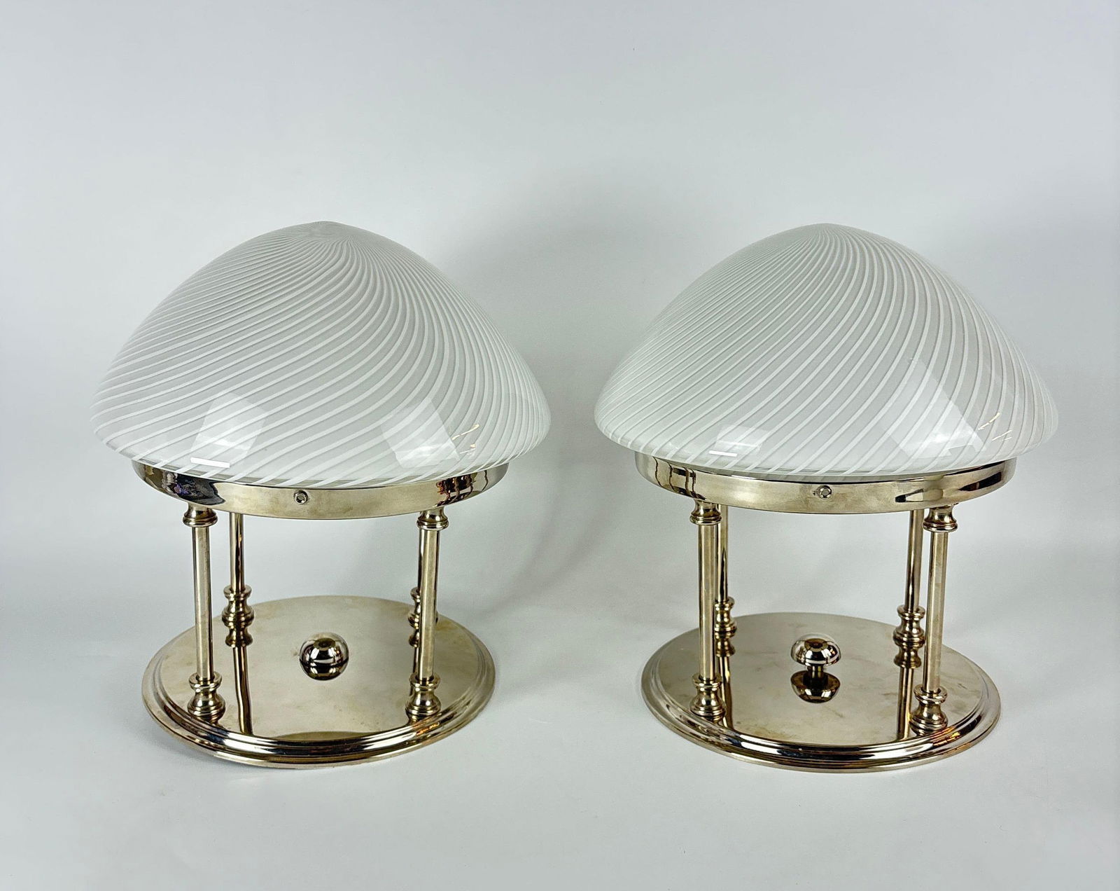 PAIR OF AUTHENTIC VETRI MURANO SWIRL GLASS CEILING FIXTURES: *Italian hand-blown white filigrana swirl glass flush-mount ceiling lights bearing original Vetri Murano (VM 004) authentication labels on polished chrome hardware. Approximate Dimensions: 12" x