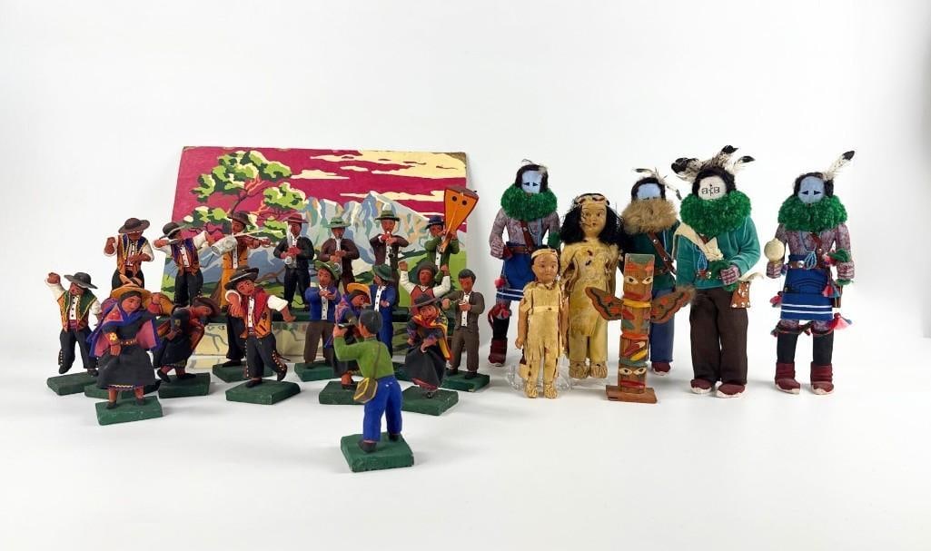 LARGE LOT OF HAND CRAFTED AND HAND PAINTED FOLK ART FIGURINES INCLUDING 4 HOPI KACHINA DOLLS (1 of 9)