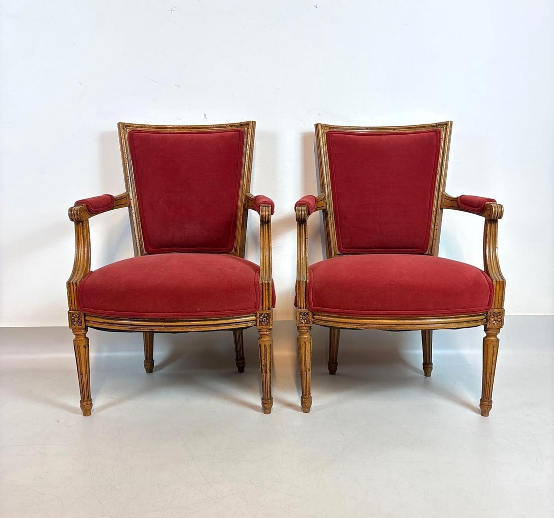 PAIR OF PETITE LOUIS XVI STYLE RED ARMCHAIRS (1 of 11)