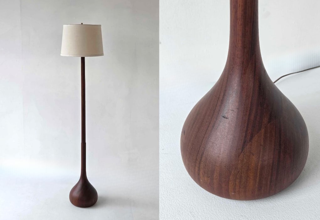 MID CENTURY MODERN DANISH TEAK TEARDROP FLOOR LAMP: A mid-century modern Danish floor lamp with a sculptural solid teak teardrop-shaped base and slender tapered neck. Approximate Dimensions: 58"H Artist or Maker: Unknown Provenance: From