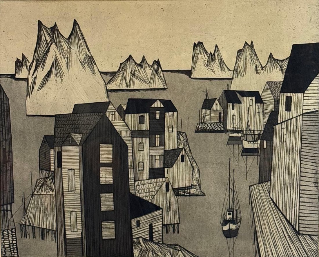RUDOLF KÜGLER LIMITED EDITION ETCHING "FISHING VILLAGE IN THE LOFOTEN ISLANDS": Black and white modernist etching of Norweigan village dock scene Approximate Dimensions: 27.5" x 24" Artist or Maker: Unknown Provenance: From a New York Collector Notes: Although