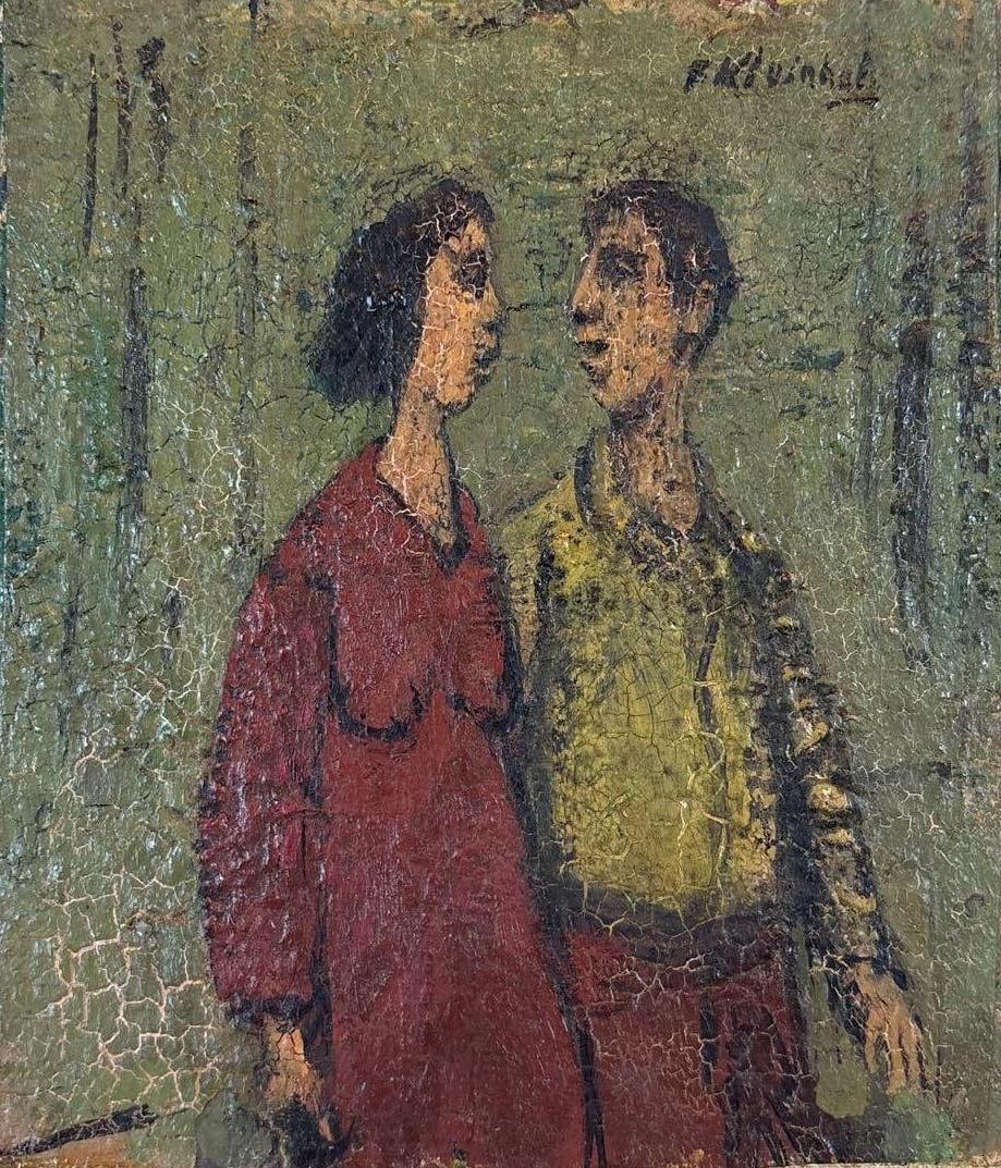 FRANK KLEINHOLZ ORIGINAL OIL PAINTING ON BOARD SIGNED: Small scale mid century modern figurative oil painting on board in a classic wood frame. Approximate Dimensions: 7"L x 6"W; Frame 11"L x 9"W Artist: Frank Kleinholz 