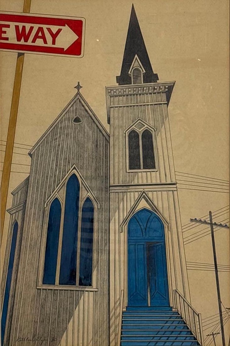 KATHLEEN "JILL" ELGIN MIXED MEDIA ON PAPER 1980: An original mixed media on paper depicting a Gothic-style church with distinct blue details next to a one-way street sign. Overall Approximate Dimensions: 29"L x 21"W Artist: Kathleen