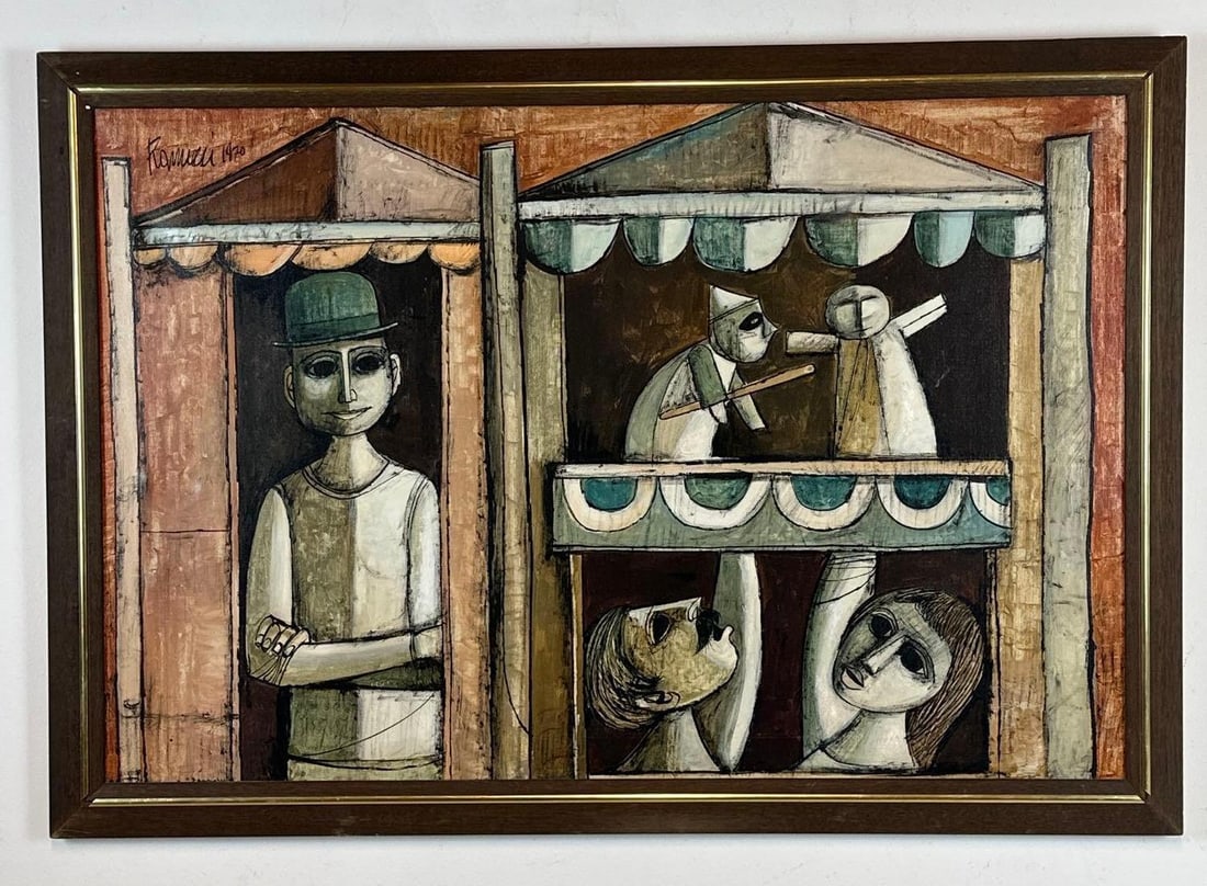 LUCIO RANUCCI PUPPET SHOW REPRODUCTION GICLEE ON CANVAS: *Modernist giclee reproduction of Lucio Ranucci's "Puppet Show" depicting a stylized man in a bowler hat alongside a puppet stage with audience members. Approximate Dimensions: