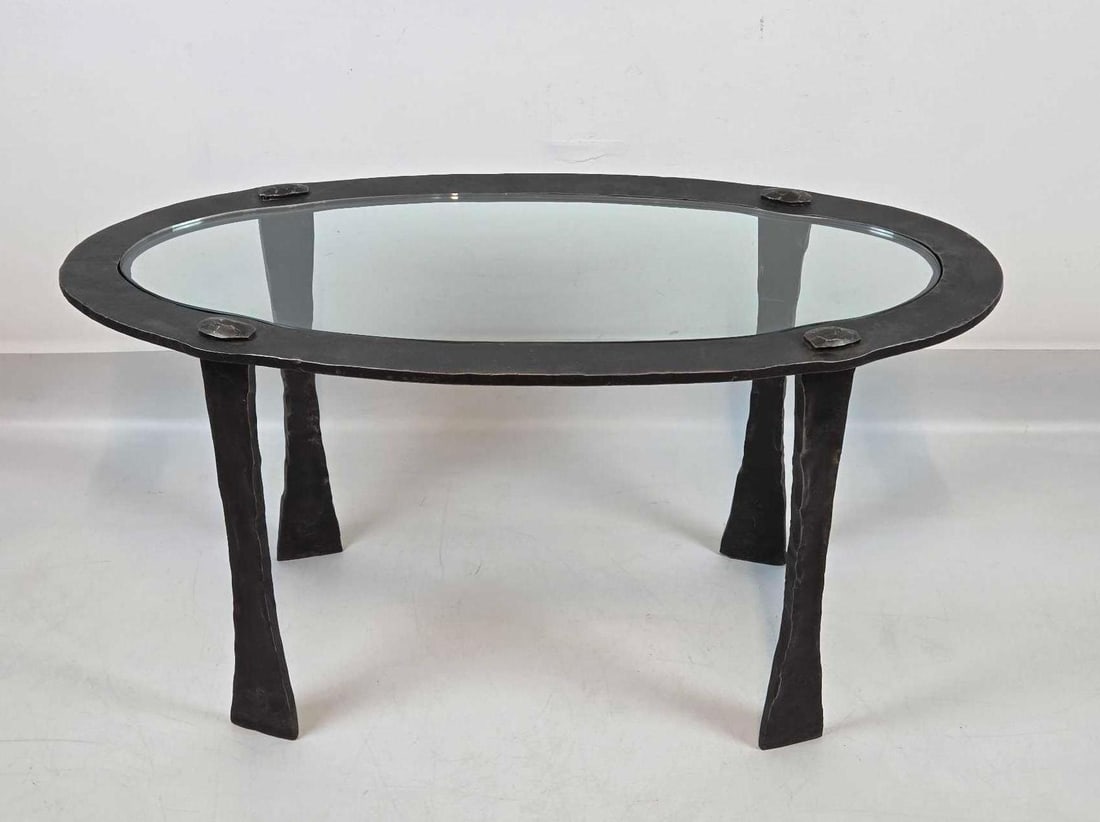 ROBERT FERRARONI BRUTALIST OVAL GLASS AND FORGED STEEL COFFEE TABLE (1 of 11)
