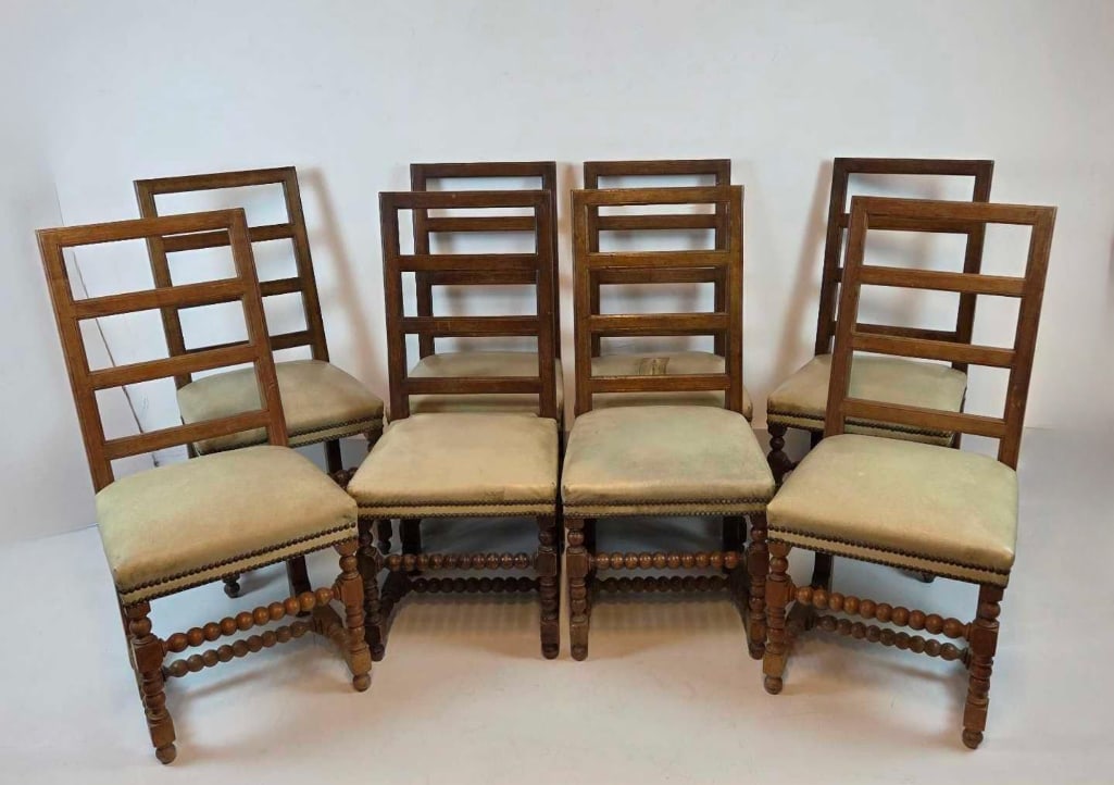 EIGHT DON RUSEAU FRENCH WALNUT AND FAUX LEATHER DINING CHAIRS (1 of 17)