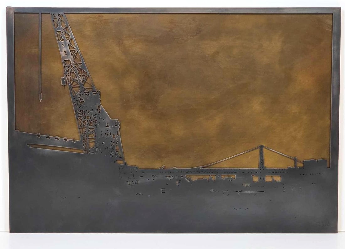 ROBERT FERRARONI ORIGINAL BRIDGE AND BROOKLYN CRANE MIXED METAL WALL ART: *Laser cut industrial landscape depicting the Brooklyn skyline and construction crane meticulously crafted from layered brass, stainless steel, and aluminum Approximate Dimensions:20.75" x