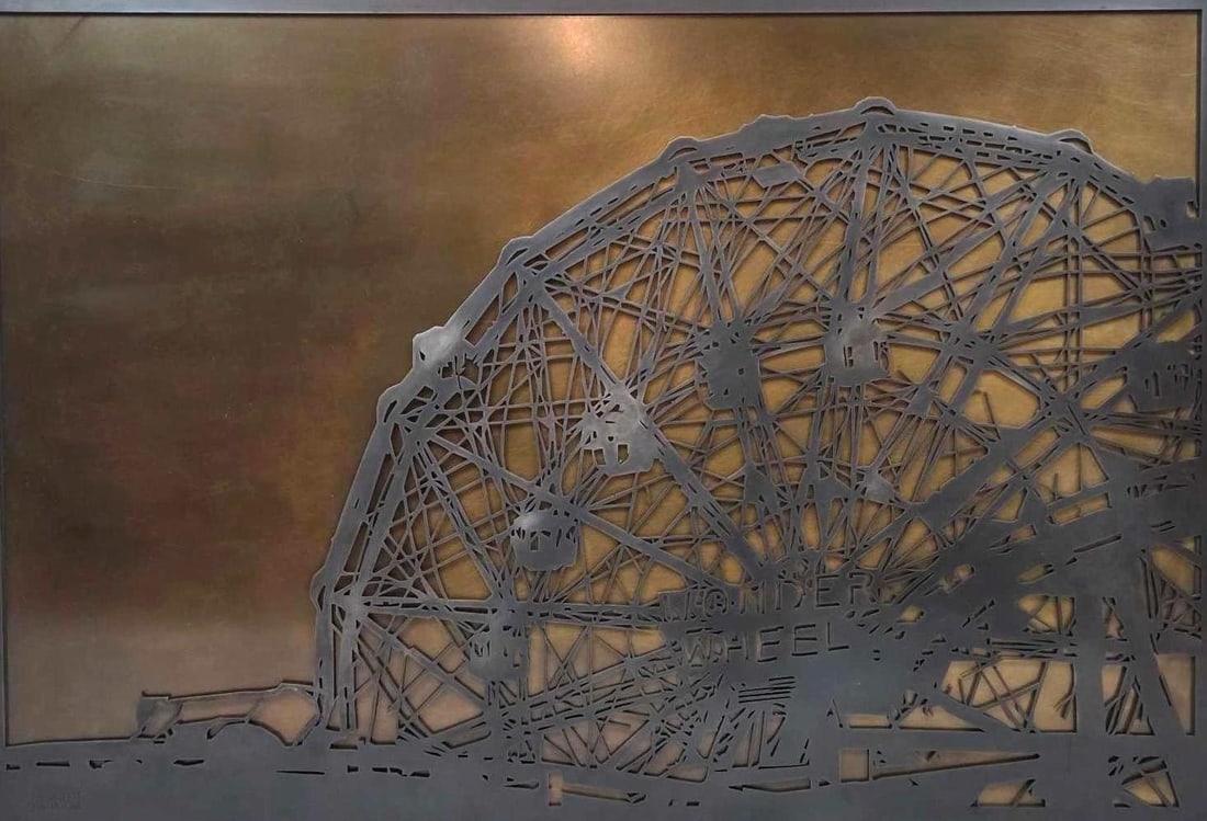 ROBERT FERRARONI ORIGINAL CONEY ISLAND WONDER WHEEL MIXED METAL WALL ART: *Intricately laser-cut metal relief depicting the historic Coney Island Wonder Wheel amusement ride rendered in layered brass, stainless steel, and aluminum Approximate Dimensions:21.25" x