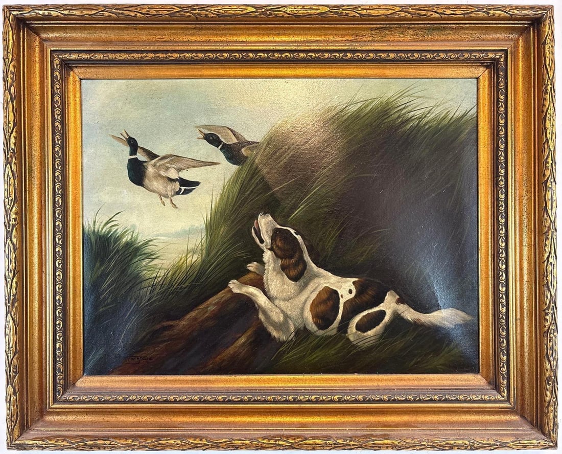 SIGNED OIL ON CANVAS SETTER & MALLARDS PAINTING: An original oil on canvas depicting a sporting dog chasing mallards. Signature appears to read P. Hargrove. Approximate Dimensions: 25" x 31" Artist: Indecipherable Provenance: From a New Y