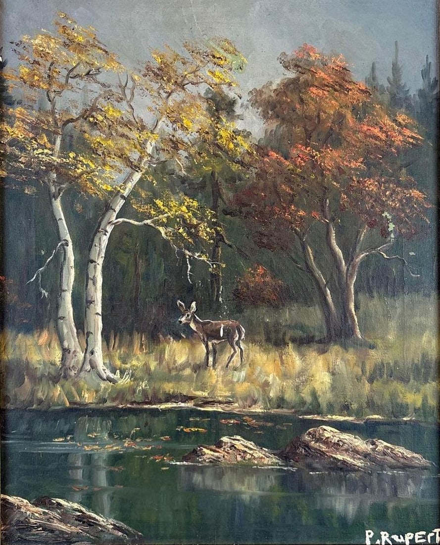 P. RUPERT SIGNED DEER LANDSCAPE OIL PAINTING ON CANVAS: Hand-painted autumn forest scene with a lone deer standing near a reflective lake in a tiered wood frame. Approximate Dimensions: 20” x 16” ; Frame 26” x 22” Artist or Maker: