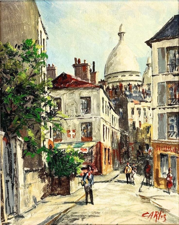 CARLIS SIGNED VINTAGE OIL PAINTING OF THE SACRÉ-CŒUR IN THE MONTMARTRE PARIS: Impressionist style oil on canvas depicting a street scene leading toward the Sacré-Cœur Basilica in a carved gilt wood frame. Approximate Dimensions: 11” x 9”; Frame 14” x 16&rdq