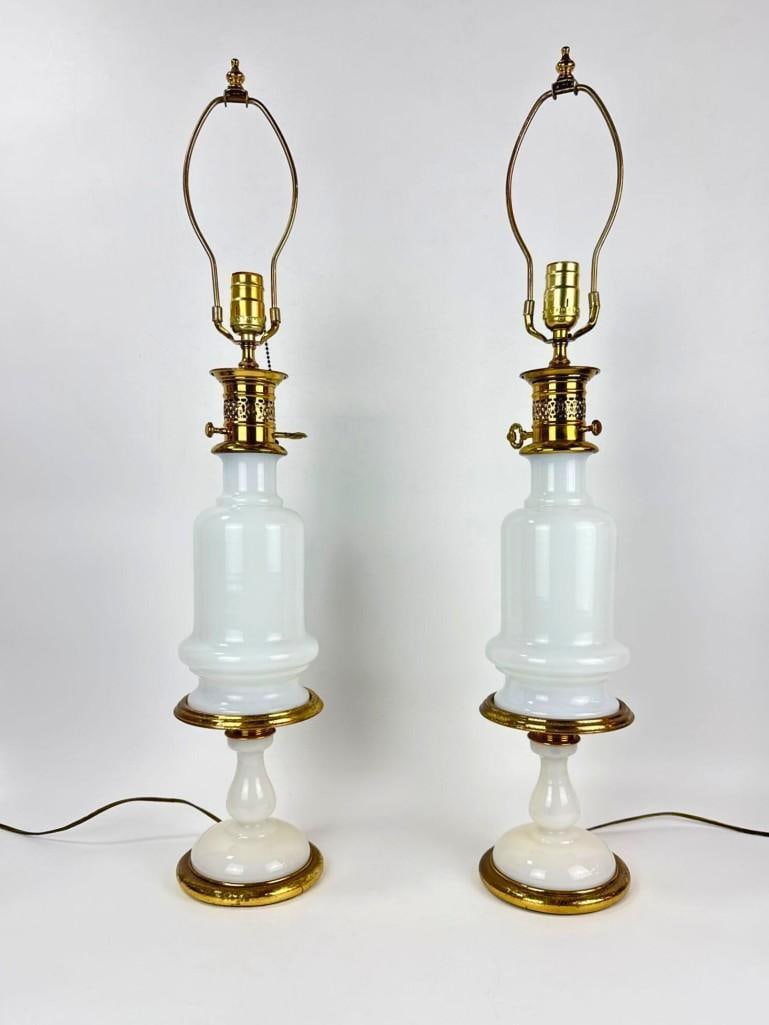 PAIR OF TALL WHITE MILK GLASS TABLE LAMPS WITH BRASS ACCENTS (1 of 9)