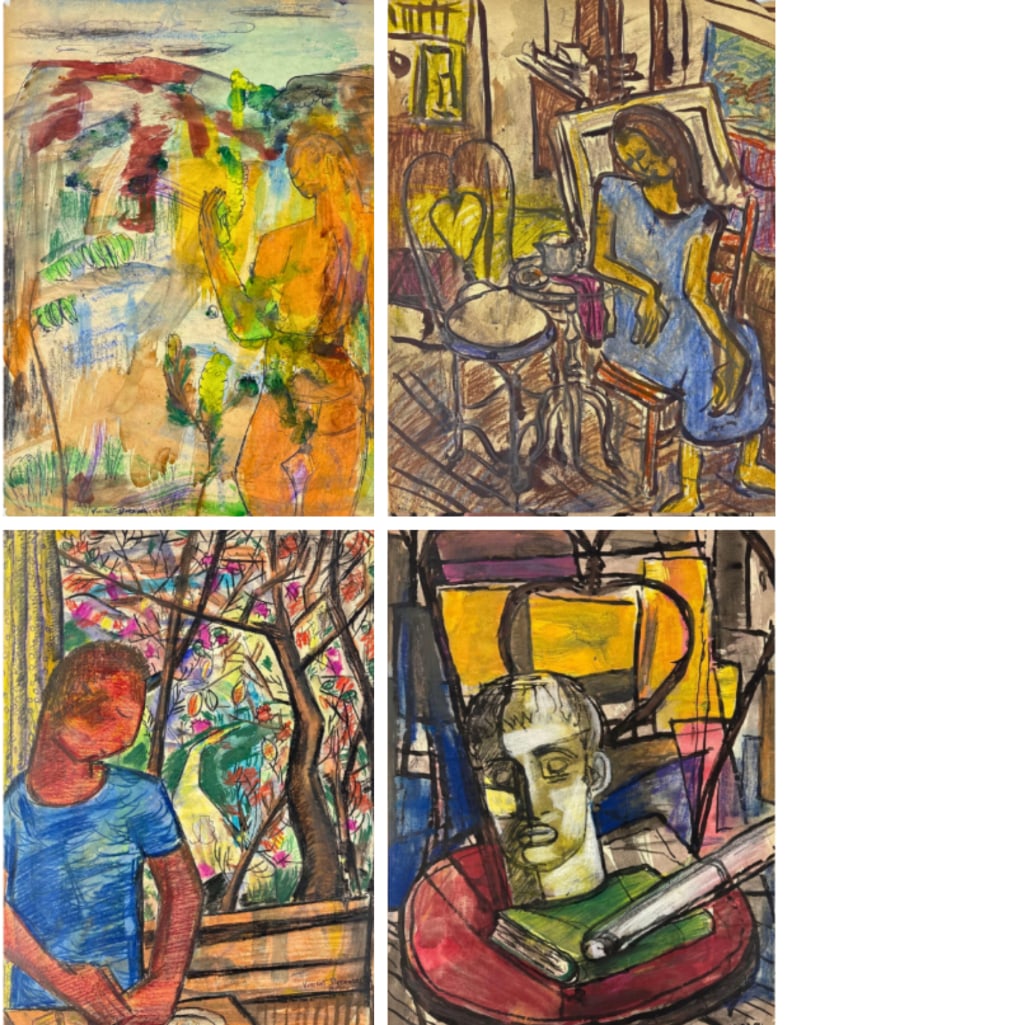 FOUR ORIGINAL SIGNED VINCENT DRENNAN WORKS ON PAPER: Collection of four mid-century modern figurative and abstract mixed media drawings on paper. Approximate Dimensions: 24” X 18” Artist: Vincent Drennan Provenance: From a New York Collec