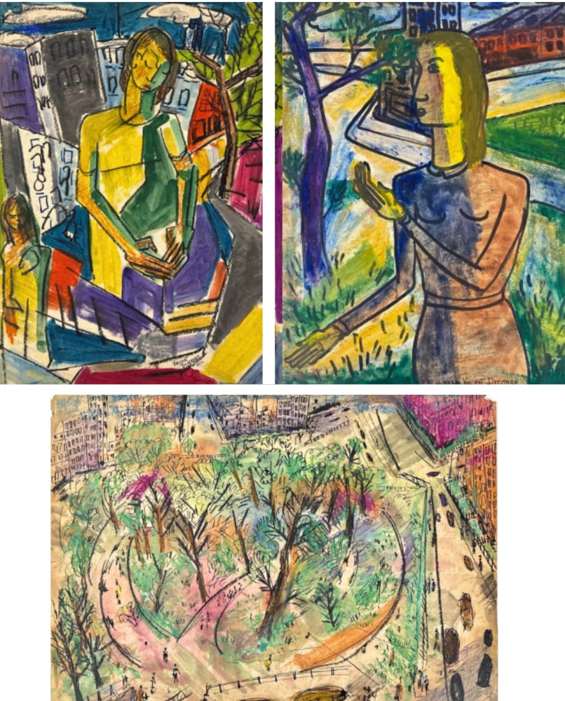 THREE SIGNED ORIGINAL VINCENT DRENNAN MID-CENTURY WORKS ON PAPER: Collection of three mid-century modern original watercolors and mixed media drawings on paper by American artist Vincent Drennan. Approximate Dimensions: 24” X 18” Artist: Vincent Drenna