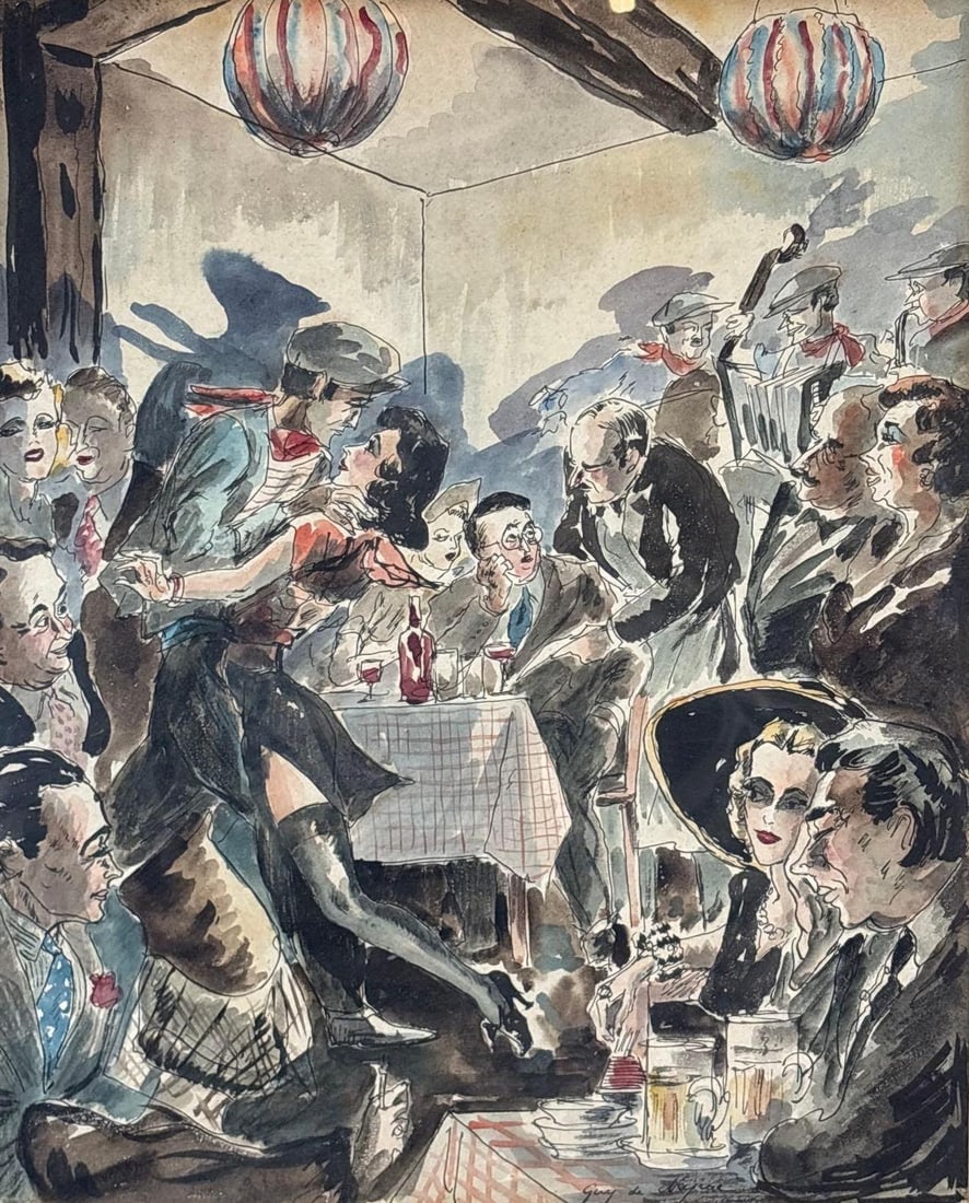 GUY DE NEYRAC ORIGINAL WATERCOLOR DRAWING "BAL MUSETTE, RUE DE LAPPE, PARIS": Authentic Parisian cafe scene titled "Bal Musette, Rue de Lappe, Paris" Approximate Dimensions: 12 X 10" ; Frame 20 X 18" Artist or Maker: Guy De Neyrac Provenance: From a New York Collector Note