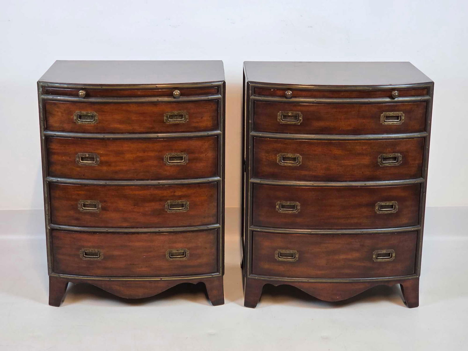 PAIR OF MAHOGANY BRASS MOUNTED CAMPAIGN STYLE BACHELORS CHESTS BY THEODORE ALEXANDER (1 of 15)