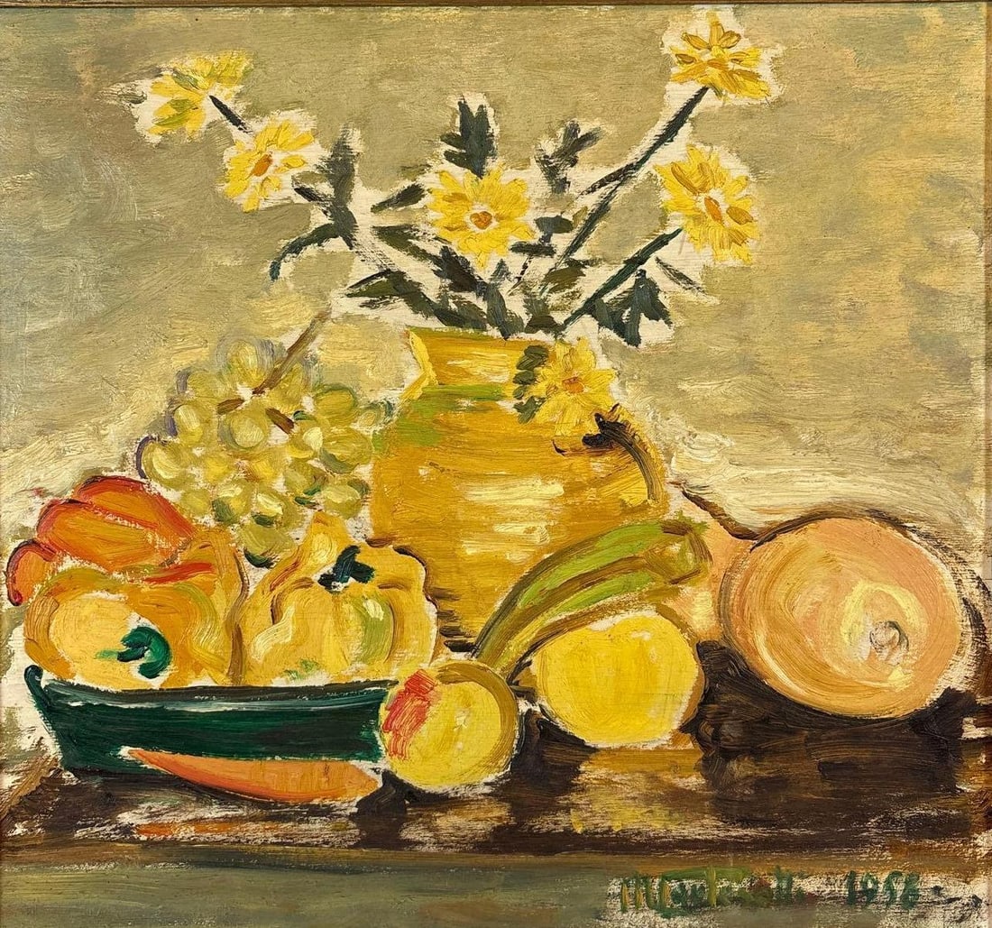 MARIA PARTEROTTI 1958 STILL LIFE OIL PAINTING SIGNED AND DEDICATED ON REVERSE: Mid-century Italian modernist oil on board depicting a vibrant harvest arrangement of yellow flowers in a golden pitcher with grapes, peppers, and fruit. Approximate Dimensions: Framed 24.5" x 23