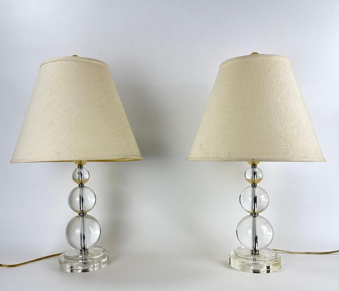 PAIR OF VINTAGE STACKED CLEAR SPHERE TABLE LAMPS WITH TAPERED SHADES (1 of 10)