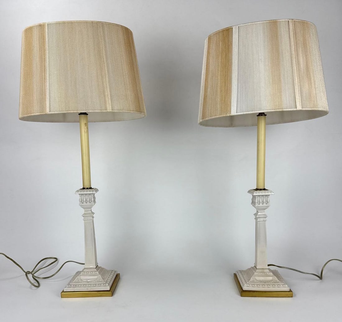 PAIR VINTAGE NEOCLASSICAL CORINTHIAN COLUMN CANDLESTICK TABLE LAMPS WITH SHADES (1 of 20)