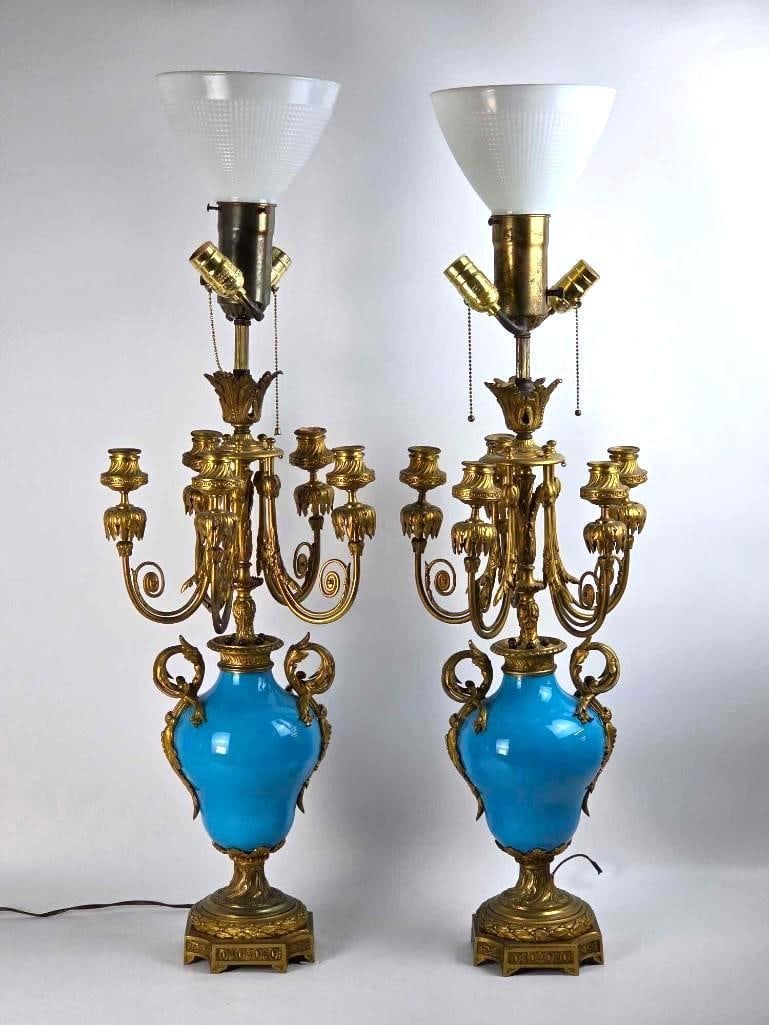 PAIR OF FRENCH SEVRES STYLE ORMOLU MOUNTED PORCELAIN CANDELABRA LAMPS (1 of 16)