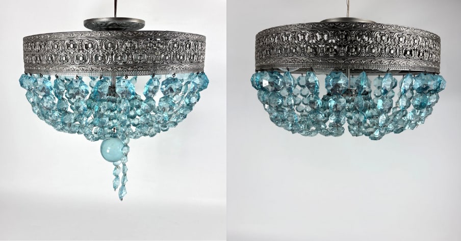 VINTAGE PAIR OF CEILING MATINEES FILIGREE BRASS AND AQUA BLUE CRYSTAL CHANDELIERS (1 of 15)