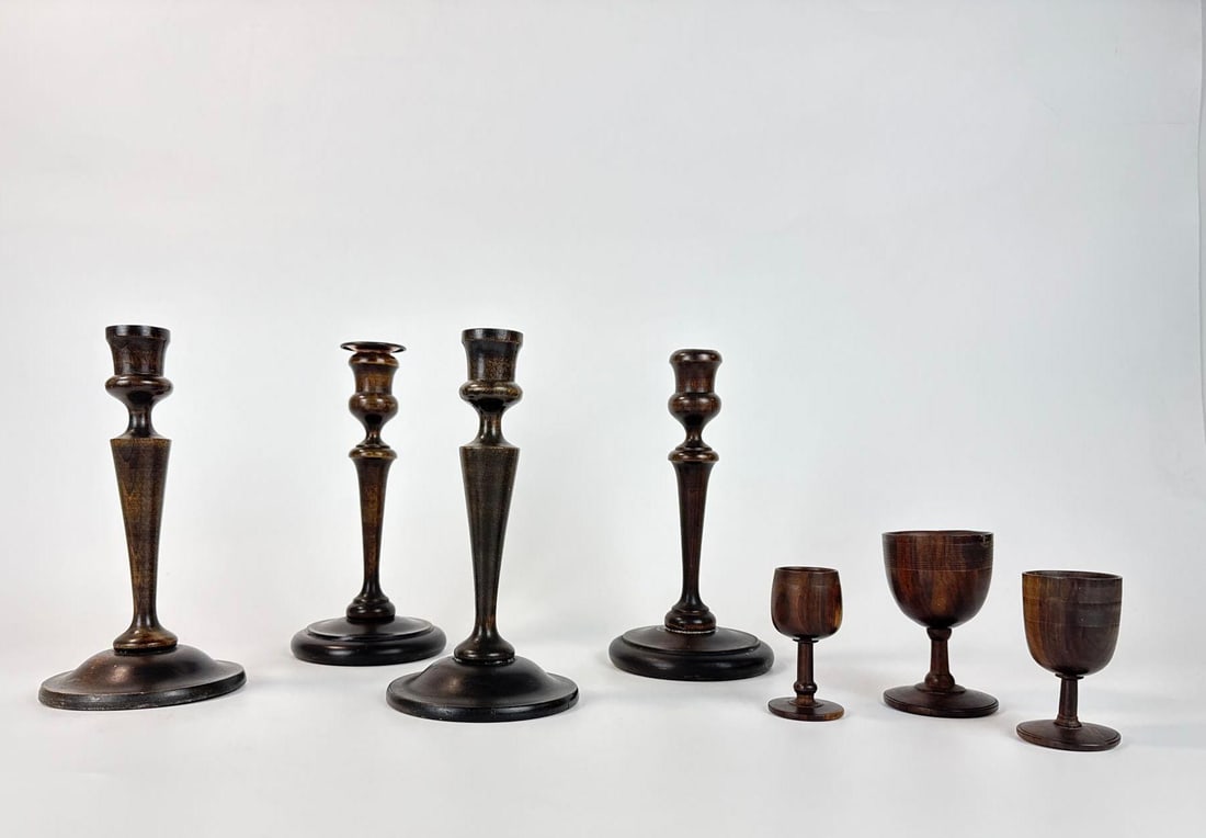 LOT OF 7 ASSORTED VINTAGE CARVED DARK WOOD CANDLESTICKS AND CHALICES (1 of 17)