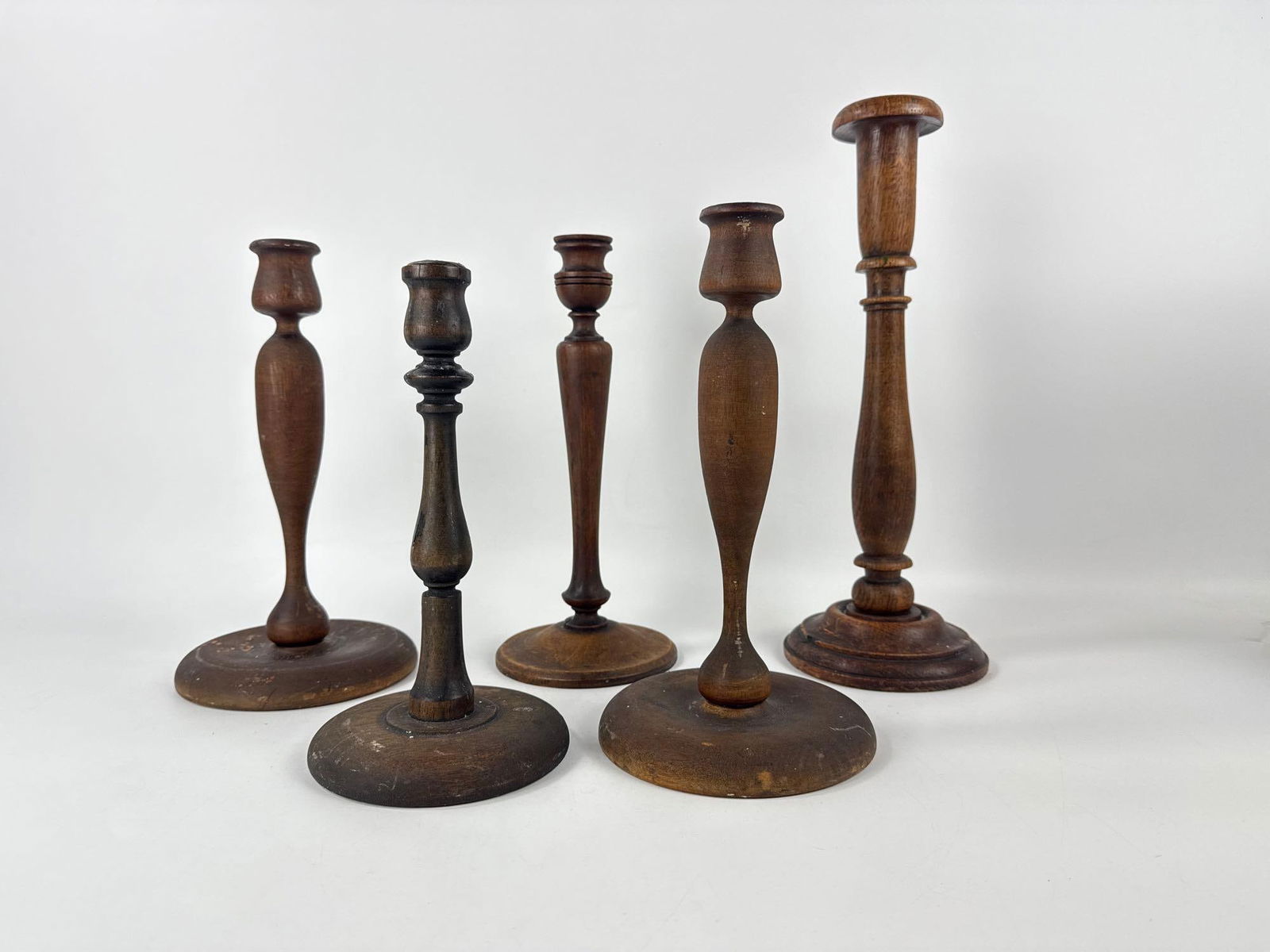 LOT OF 5 ANTIQUE WOODEN CANDLE STICK HOLDERS (1 of 8)