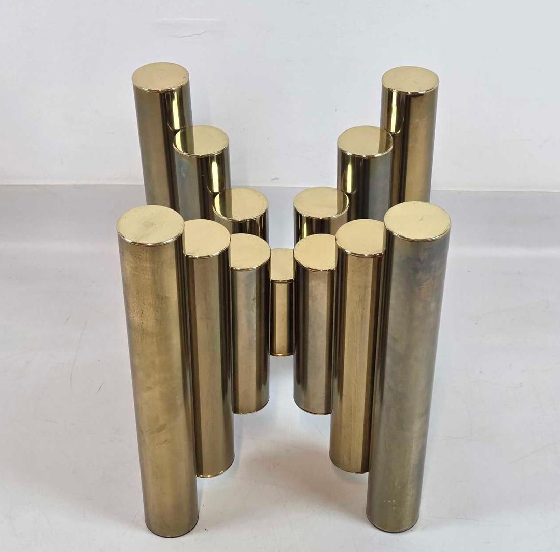 TIM BATES FOR PIEFF ENGLAND BRASS CYLINDER COFFEE TABLE (2 of 2): *Mid-century modern square coffee table with a mirrored brass-finish tubular base and a glass top. Approximate Dimensions: 20.25"h x 15"w x 16"d Artist or Maker: Pieff England Provenance: