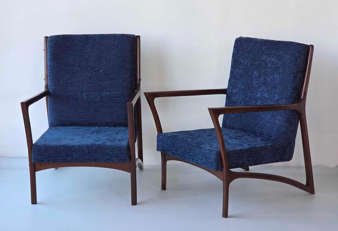 PAIR OF ITALIAN MAHOGANY OPEN ARM CHAIRS IN THE MANNER OF ICO PARISI HAVING NEW FABRIC (1 of 12)