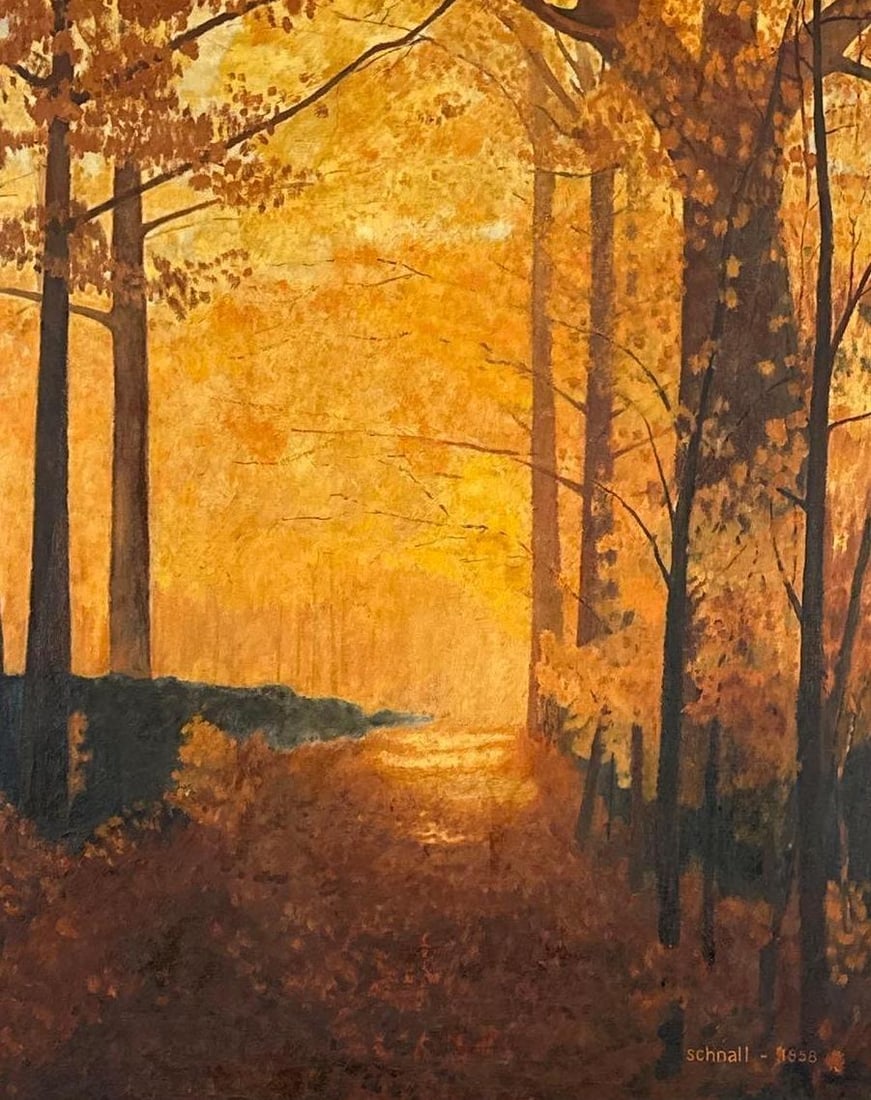 VINTAGE AUTUMN FOREST LANDSCAPE OIL PAINTING SIGNED SCHNALL 1958: *Mid-century impressionist oil on canvas featuring a sun-drenched woodland scene with dense golden-yellow foliage, tall slender tree trunks, and a leaf-strewn path. Approximate Dimensions: 35" x 2