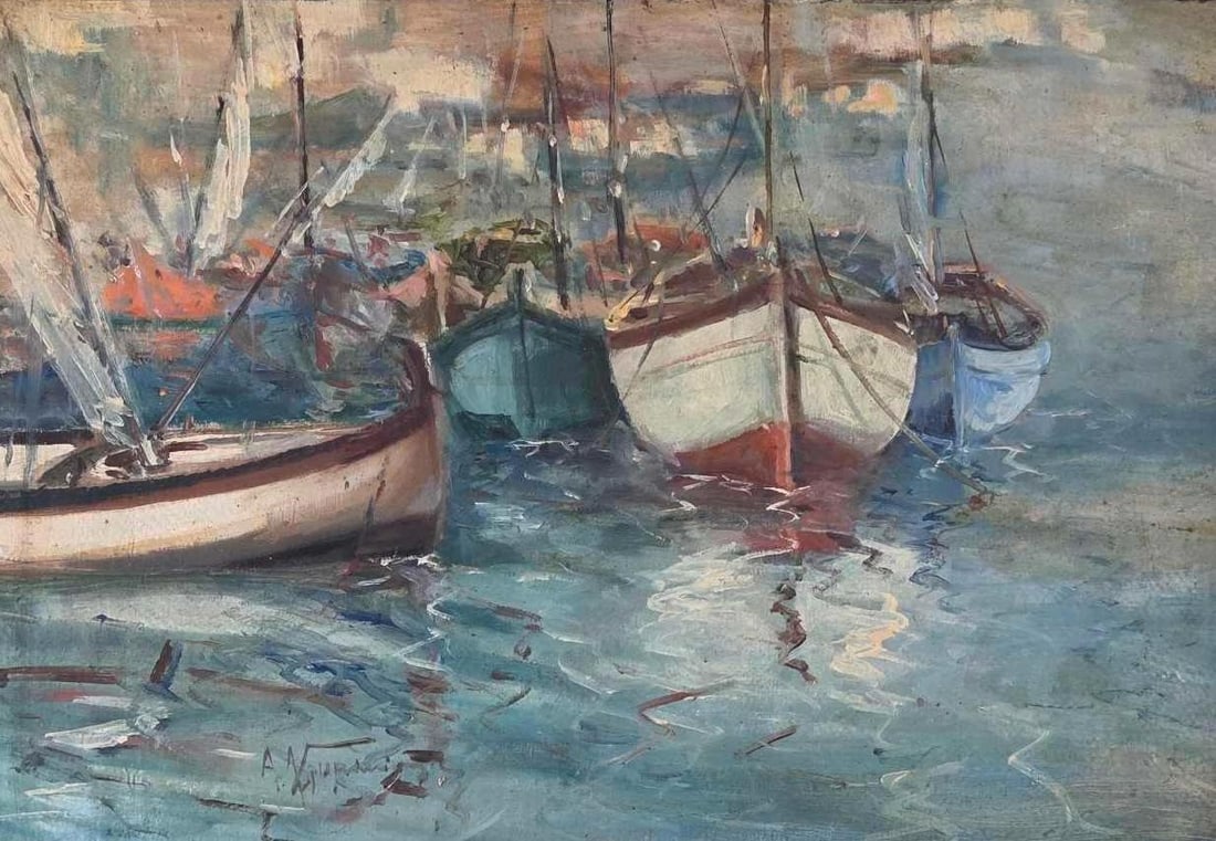 PAINTING WHARF SCENE WITH SAILBOATS SIGNED OIL ON WOOD PANEL (1 of 10)