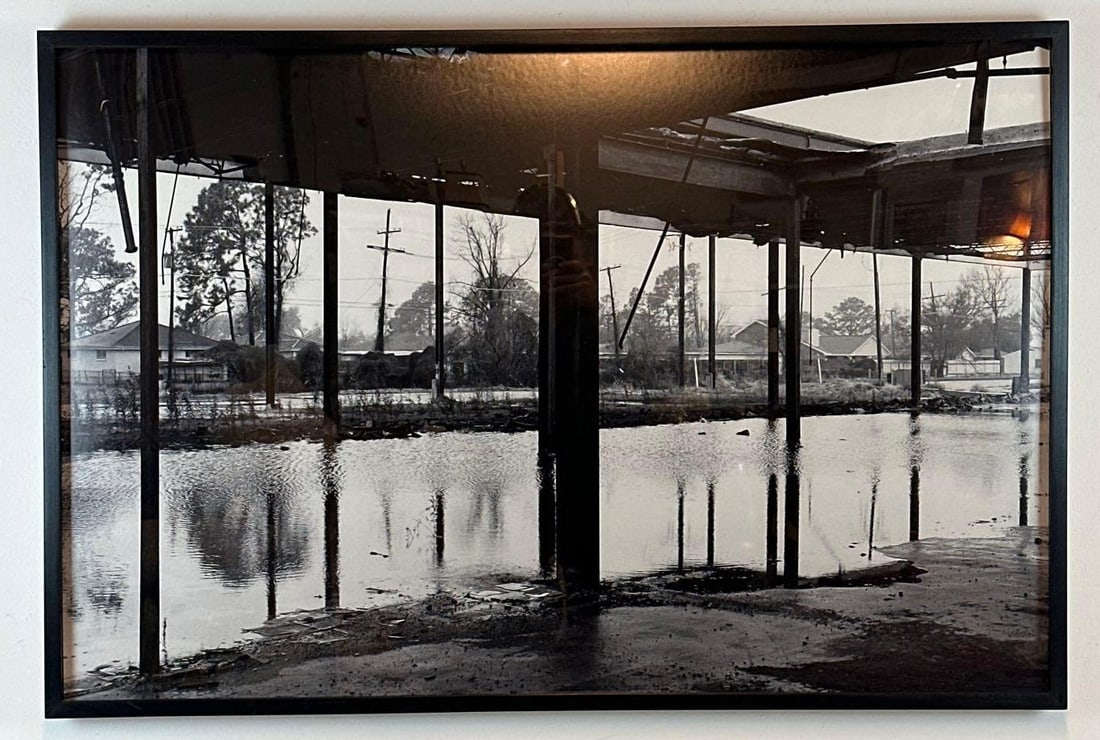 ROBIN RHODE SIGNED ST. BERNARD PARISH DIGITAL PIGMENT PRINT 2008: *Black and white landscape view of flooded St. Bernard Parish New Orleans through industrial structural columns Approximate Dimensions: 30" x 45" Artist or Maker: Robin Rhode Provenance: From