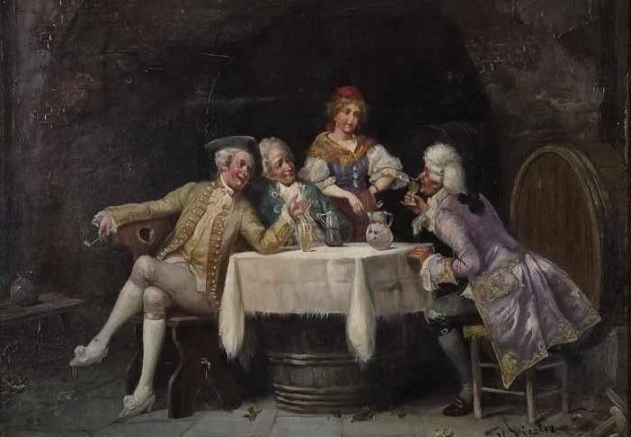 ANTIQUE SIGNED OIL ON WOOD PANEL TAVERN SCENE IN GILT FRAME: *Antique painting of a lively tavern interior with four figures drinking and conversing in an ornate gilt wood frame. Approximate Dimensions: 12" x 17" image ;19" x 24" overall Artis