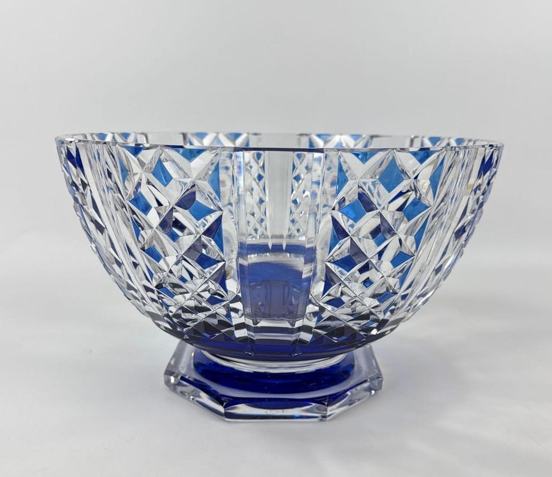 LARGE VINTAGE JAPANESE SATSUMA KIRIKO COBALT BLUE CUT GLASS BOWL: *Artisanal hand-cut crystal vessel featuring deep cobalt blue overlay with traditional geometric "iro-kise" patterns and characteristic color gradations. Approximate Dimensions: 7”h x 12
