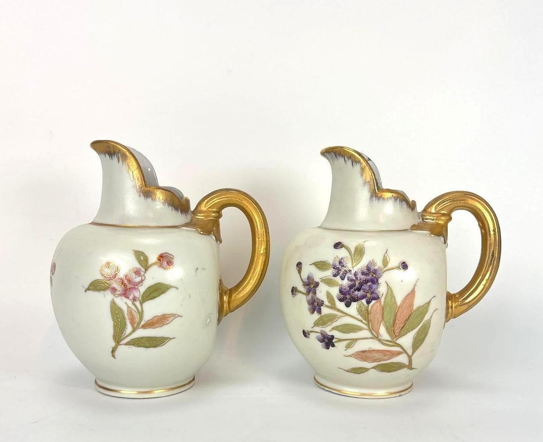 PORCELAIN PITCHER SET WITH FLORAL MOTIF AND GOLD GILT HANDLES (1 of 11)