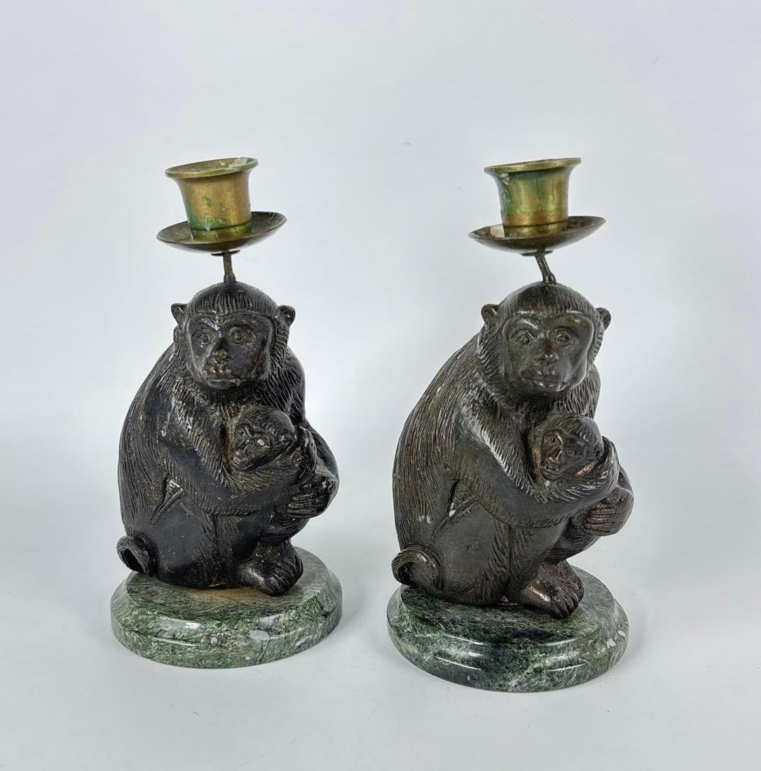 PAIR OF MID CENTURY MONKEY FIGURAL BRONZE AND MARBLE CANDLE HOLDERS: *Pair bronze mother and baby monkey figures on green marble bases supporting brass candle nozzles. Approximate Dimensions: 8"h Artist or Maker: Unknown Provenance: From a New York Collector Not