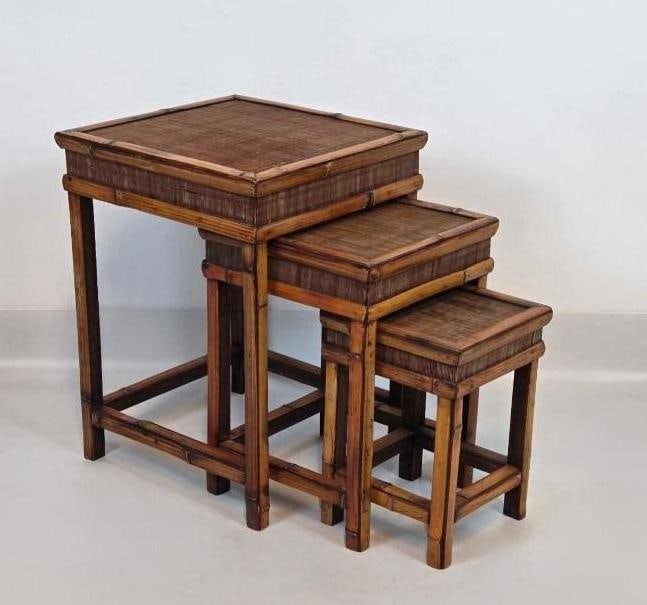 VINTAGE SET OF THREE BAMBOO AND RATTAN EMBELLISHED NESTING TABLES (1 of 12)