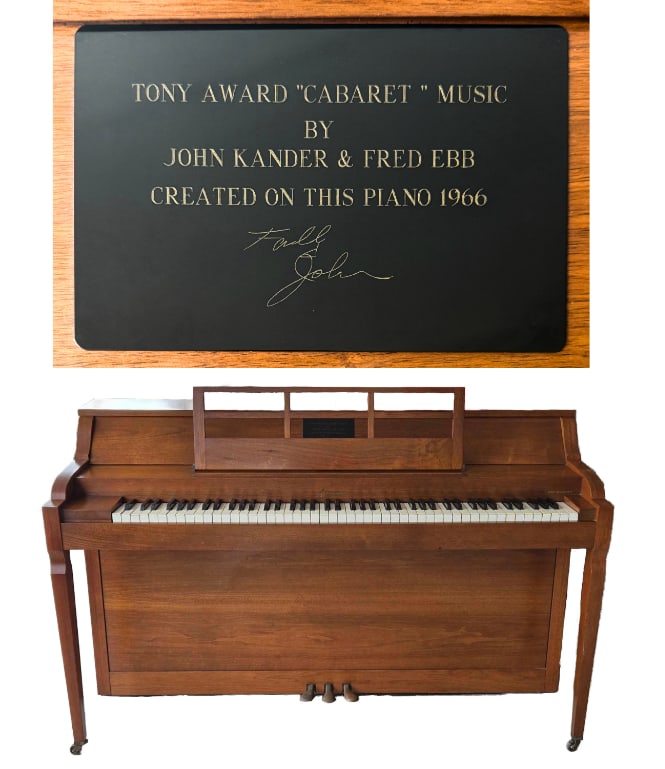 BALDWIN ACROSONIC PIANO WITH JOHN KANDER AND FRED EBB BROADWAY "CABARET" PROVENANCE: *Mid-century Baldwin Acrosonic piano with commemorative brass plaque for the 1966 Tony Award-winning musical "Cabaret" belonging to composers John Kander and Fred Ebb. As told to this auction